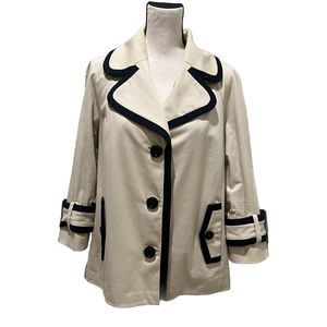 Kate Spade Cream Pea Coat Women’s M Trench Jacket Lined Contrast Navy Blue Trim